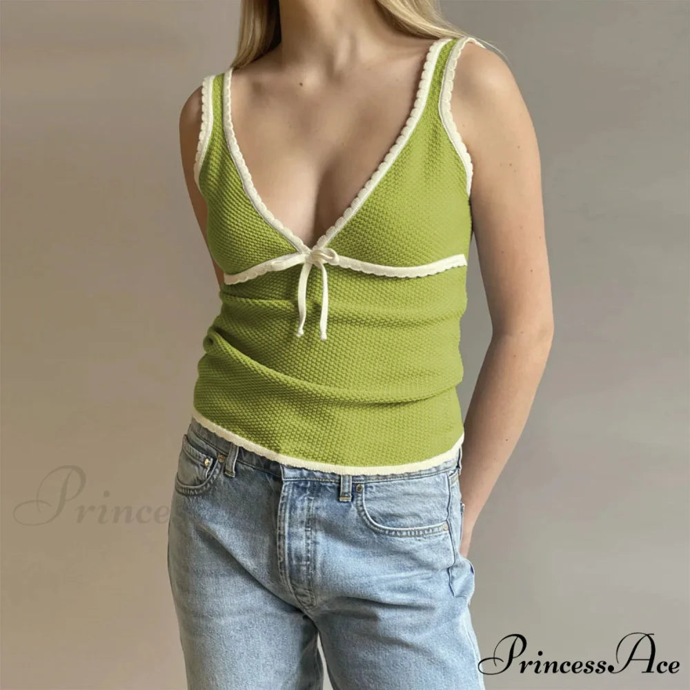 Deep V-Neck Stylish White Seam Top green / S