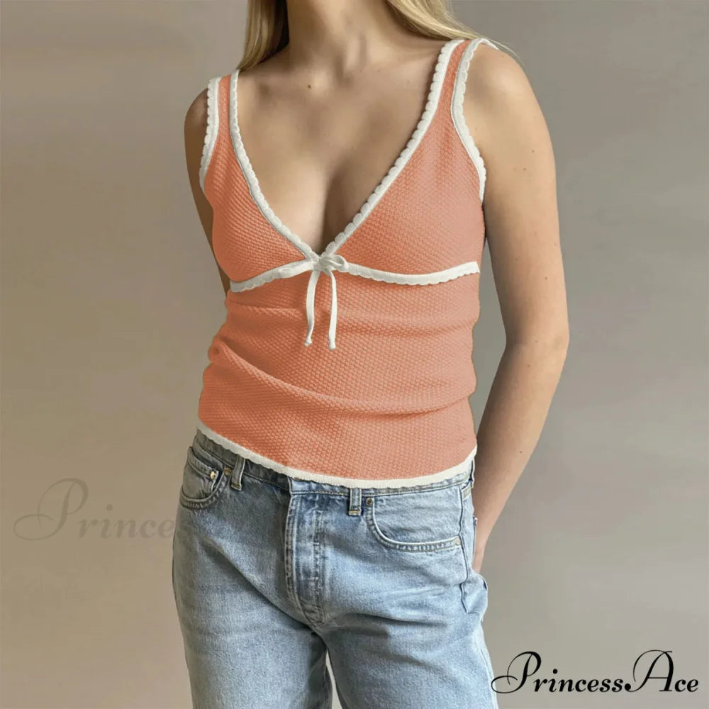 Deep V-Neck Stylish White Seam Top Pink / S