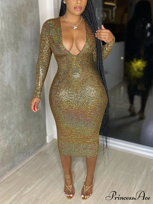 Deep V Neck Trendy Lace Up Mini Dress Gold / M