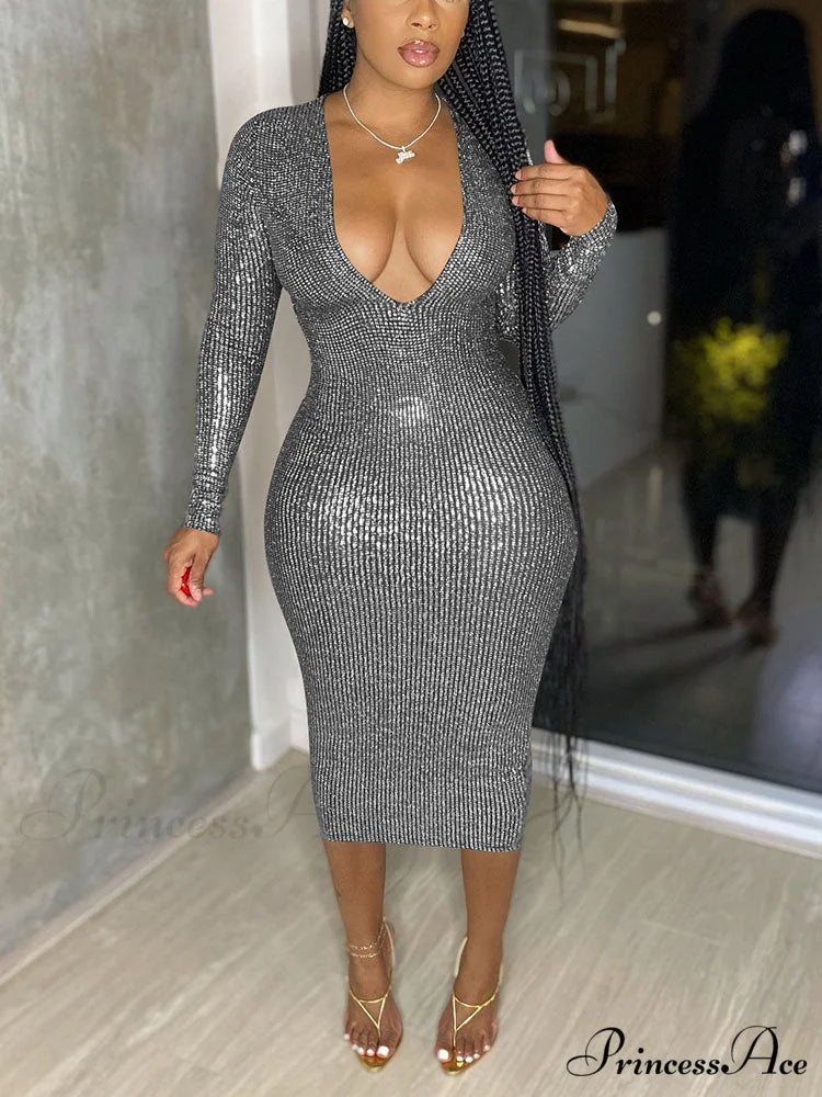 Deep V Neck Trendy Lace Up Mini Dress Silver / M