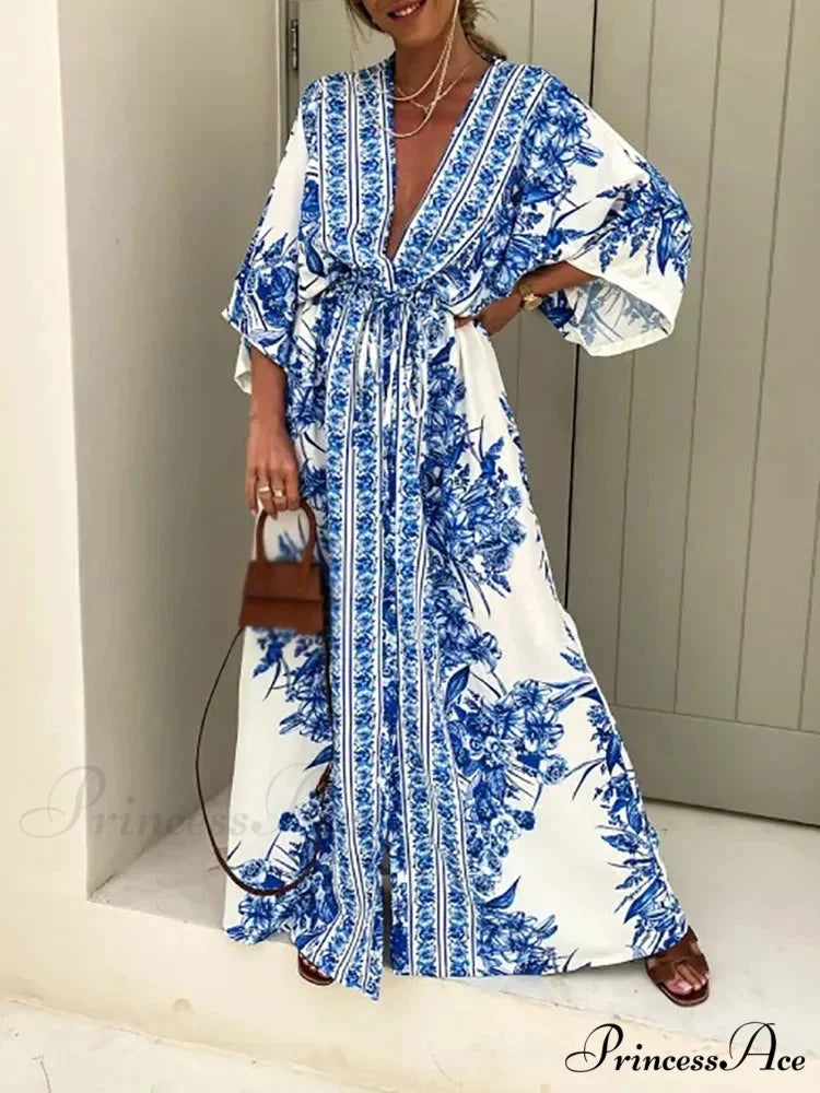 Deep V Neck Waist Drawstring Spring Pattern Vintage Boho Dress BLUE / S