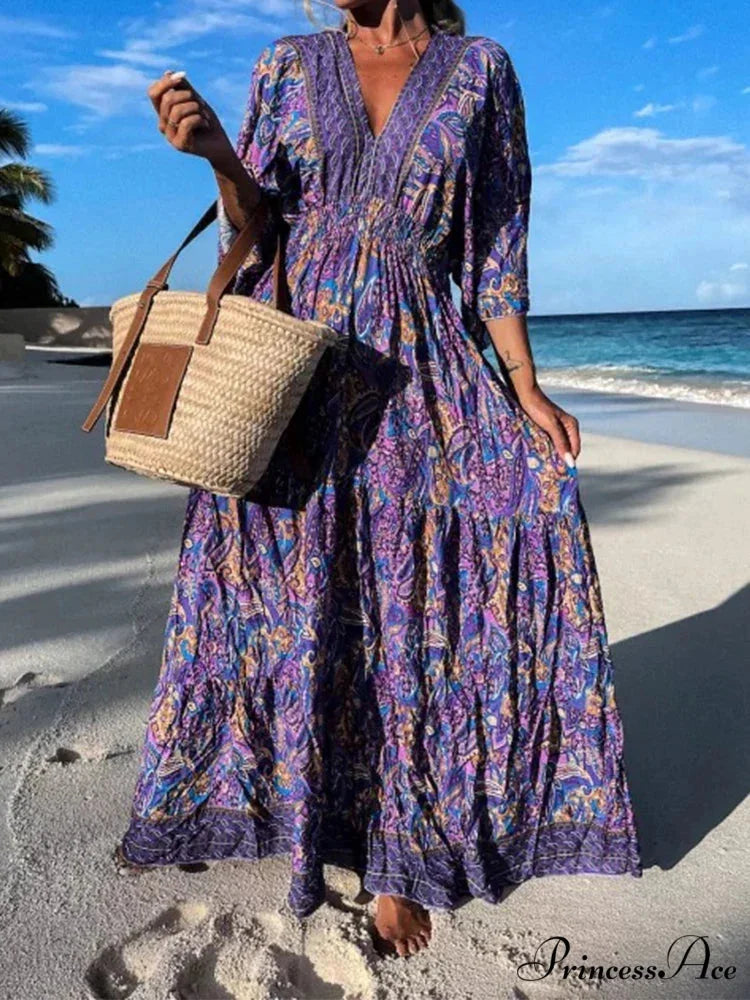 Deep V Neck Waist Drawstring Spring Pattern Vintage Boho Dress PURPLE / S