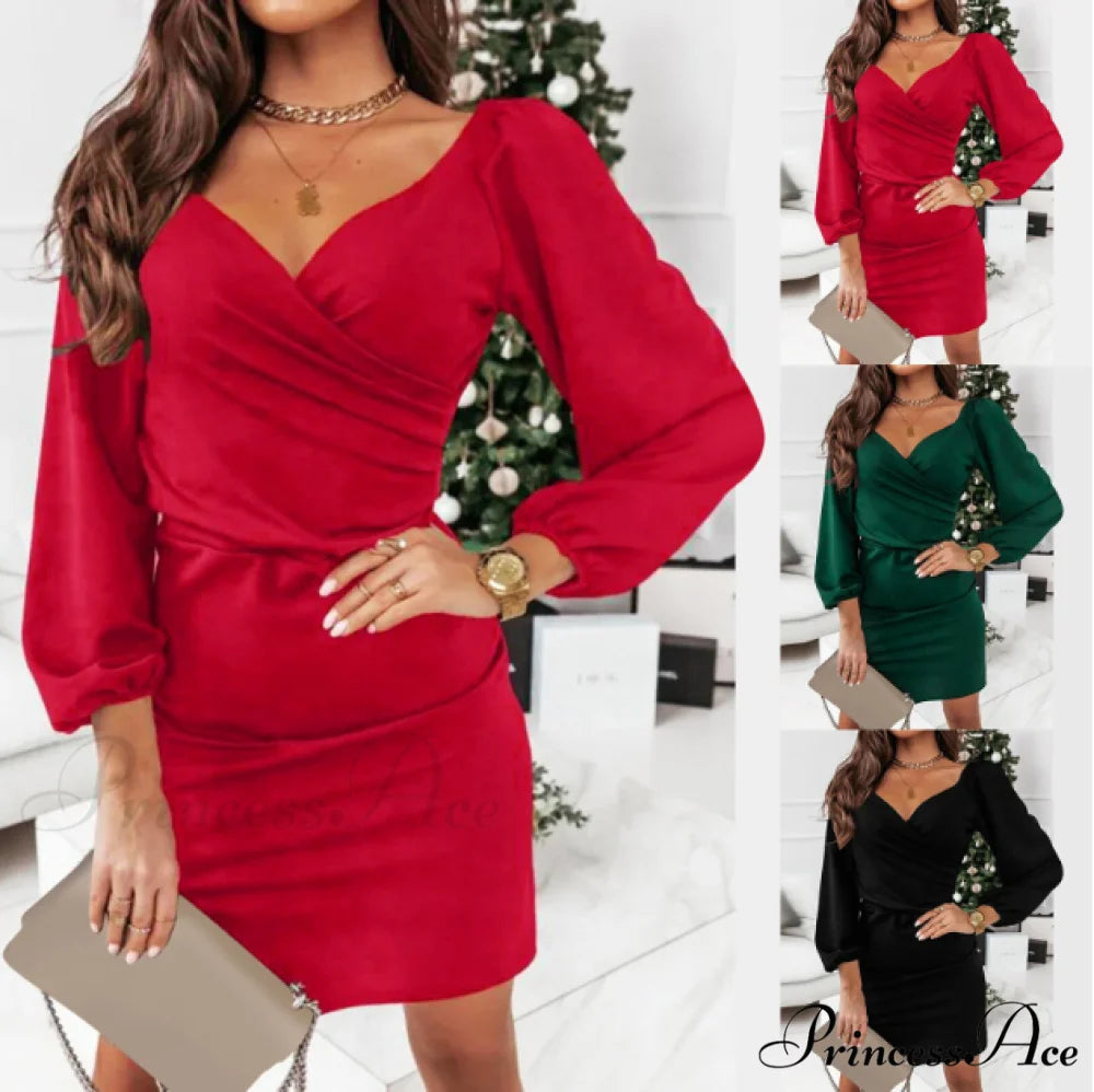 Deep V Neck Wrap Bodycon Dress with Long Sleeves - Irregular A-Line Mini Dress for Women’s Casual Wear M / BLACK