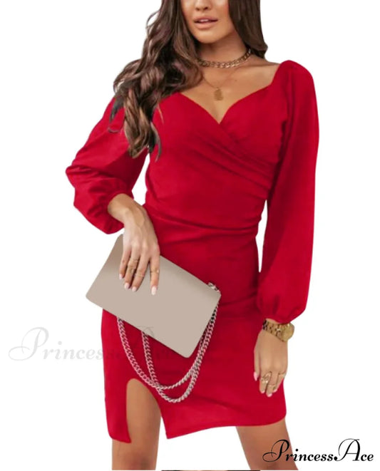 Deep V Neck Wrap Bodycon Dress with Long Sleeves - Irregular A-Line Mini Dress for Women’s Casual Wear S / BLACK