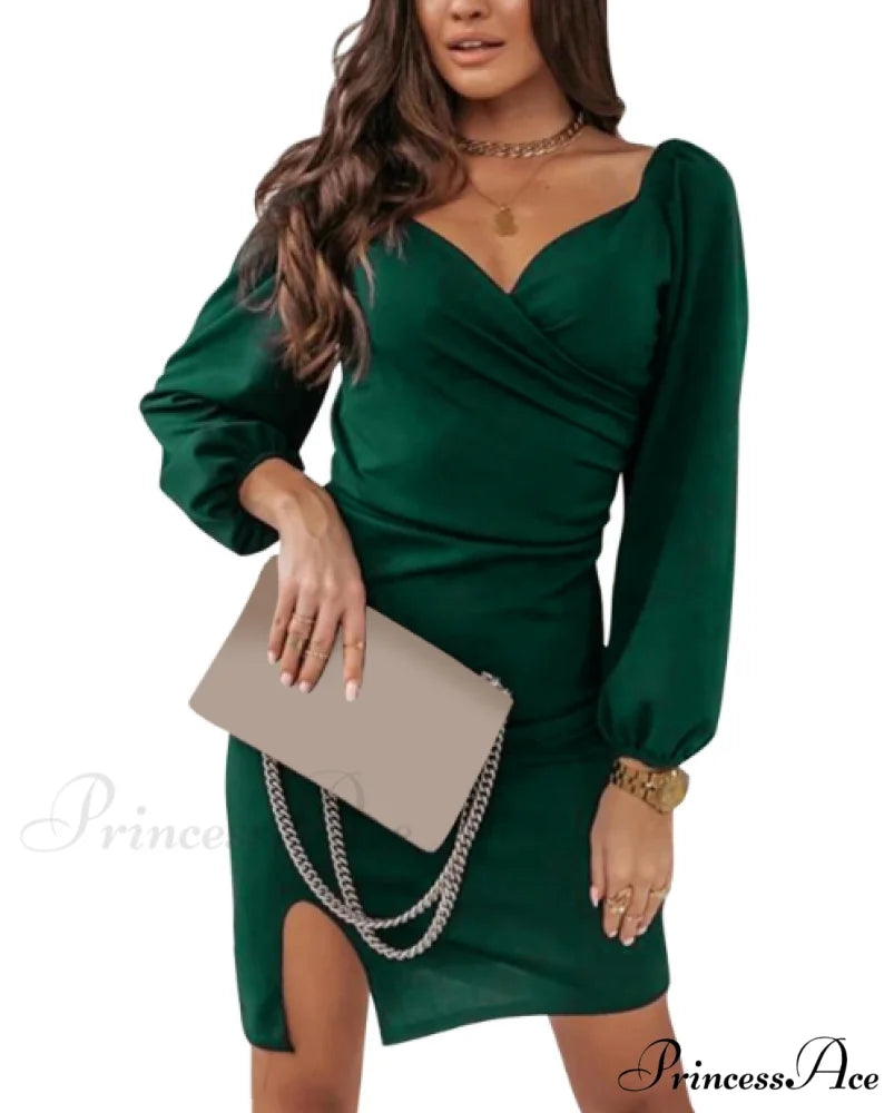 Deep V Neck Wrap Bodycon Dress with Long Sleeves - Irregular A-Line Mini Dress for Women’s Casual Wear S / RED