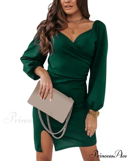 Deep V Neck Wrap Bodycon Dress with Long Sleeves - Irregular A-Line Mini Dress for Women’s Casual Wear S / RED