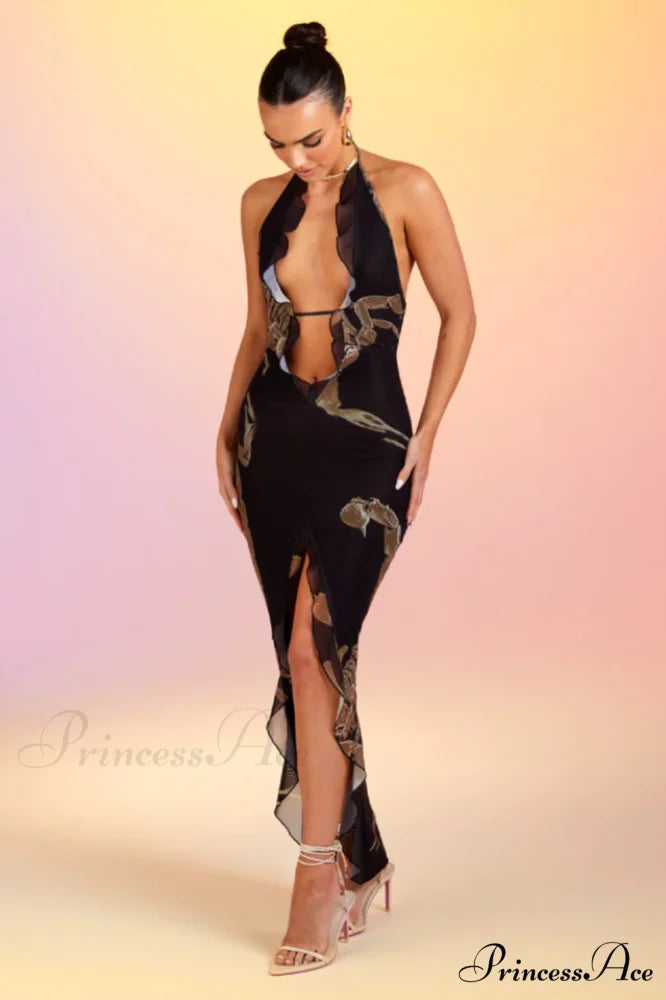 Deep V Ruffle Charming Detail Maxi Dress