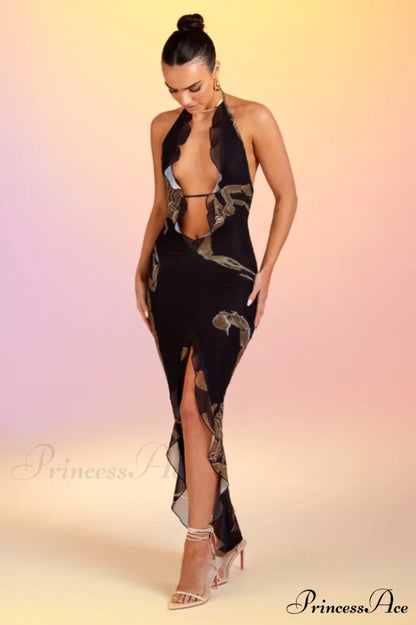 Deep V Ruffle Charming Detail Maxi Dress