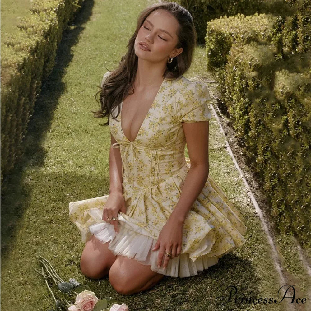 Deep V Short Sleeve Mini Women’s Lined Fashion Ball Gown Club Party OutFit Summer Floral Dress