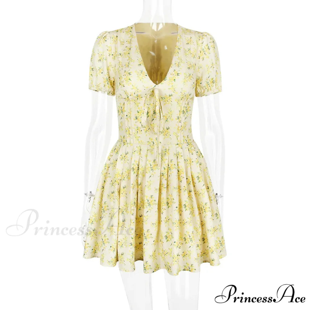 Deep V Short Sleeve Mini Women’s Lined Fashion Ball Gown Club Party OutFit Summer Floral Dress Yellow / XS