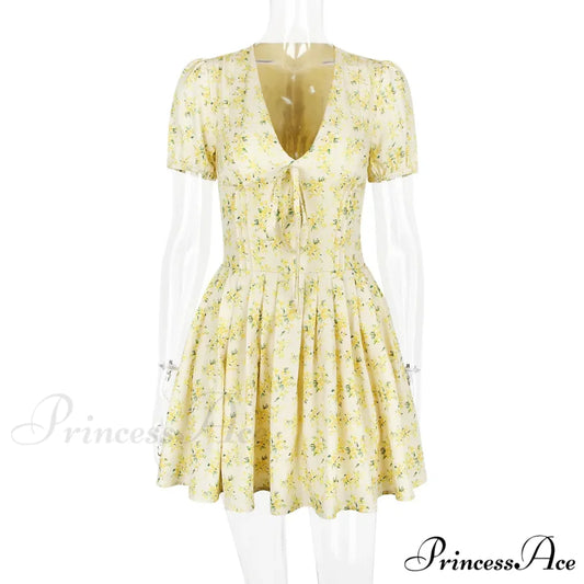 Deep V Short Sleeve Mini Women’s Lined Fashion Ball Gown Club Party OutFit Summer Floral Dress Yellow / XS