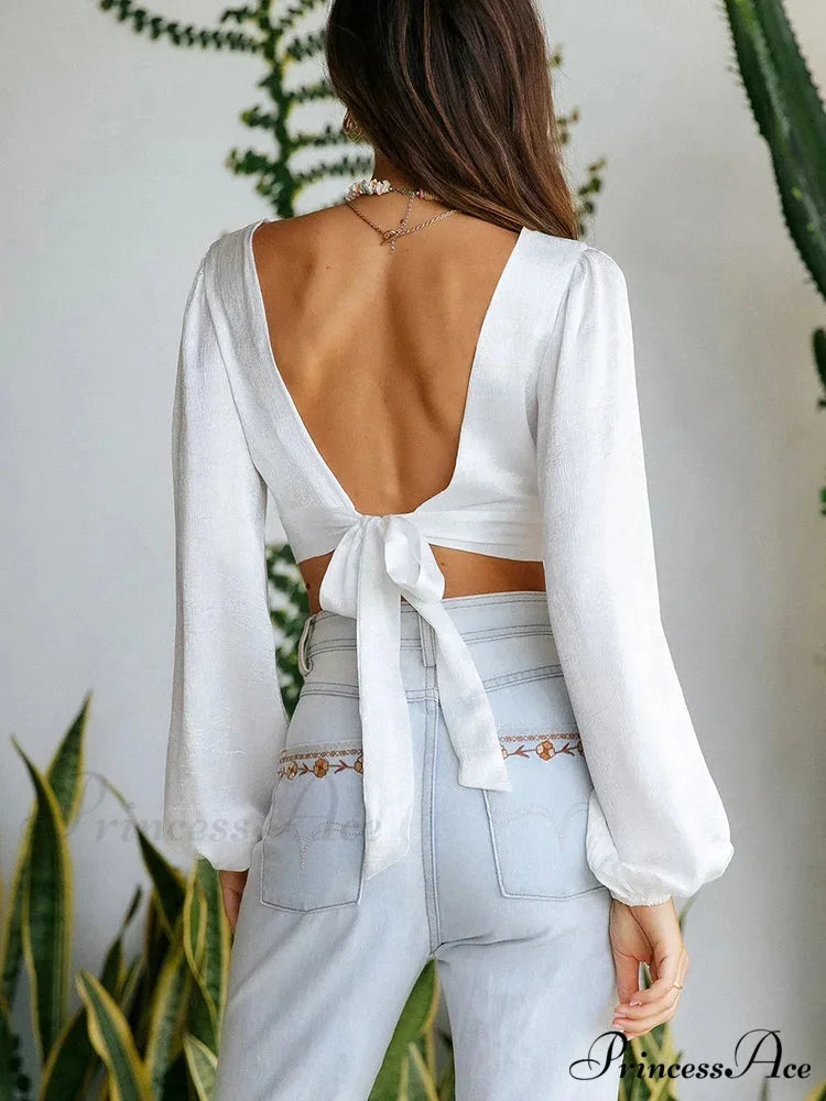 Deep V Slice Out Back Tie Backless Puff Sleeve White Blouse croptop-250126
