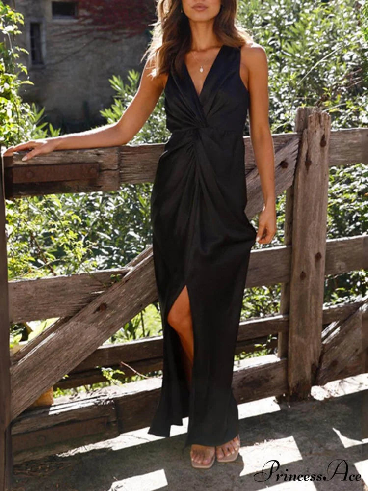 Deep V Stylish Sleeveless Backless Dress Black / S