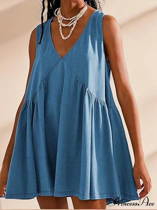 Deep V Wide Charming Strap Mini Tank Dress Blue / S