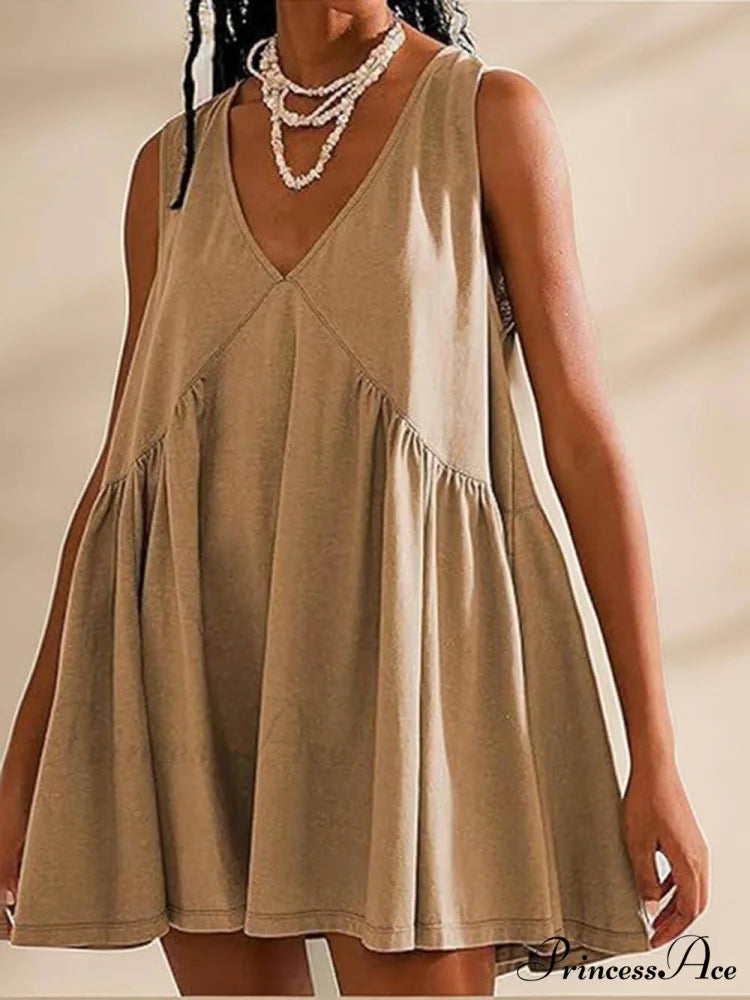 Deep V Wide Charming Strap Mini Tank Dress Khaki / S