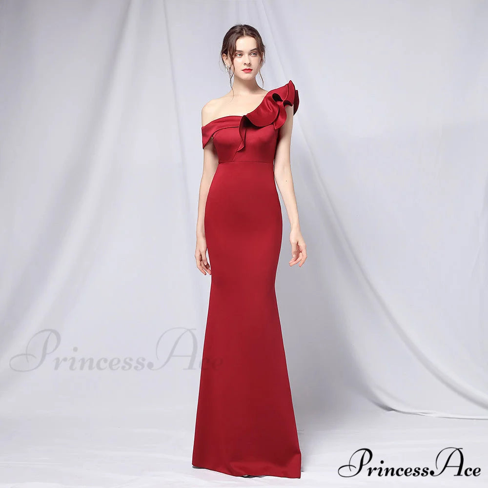 Delana Elegant Formal Charming One Shoulder Dress BURGUNDY / S