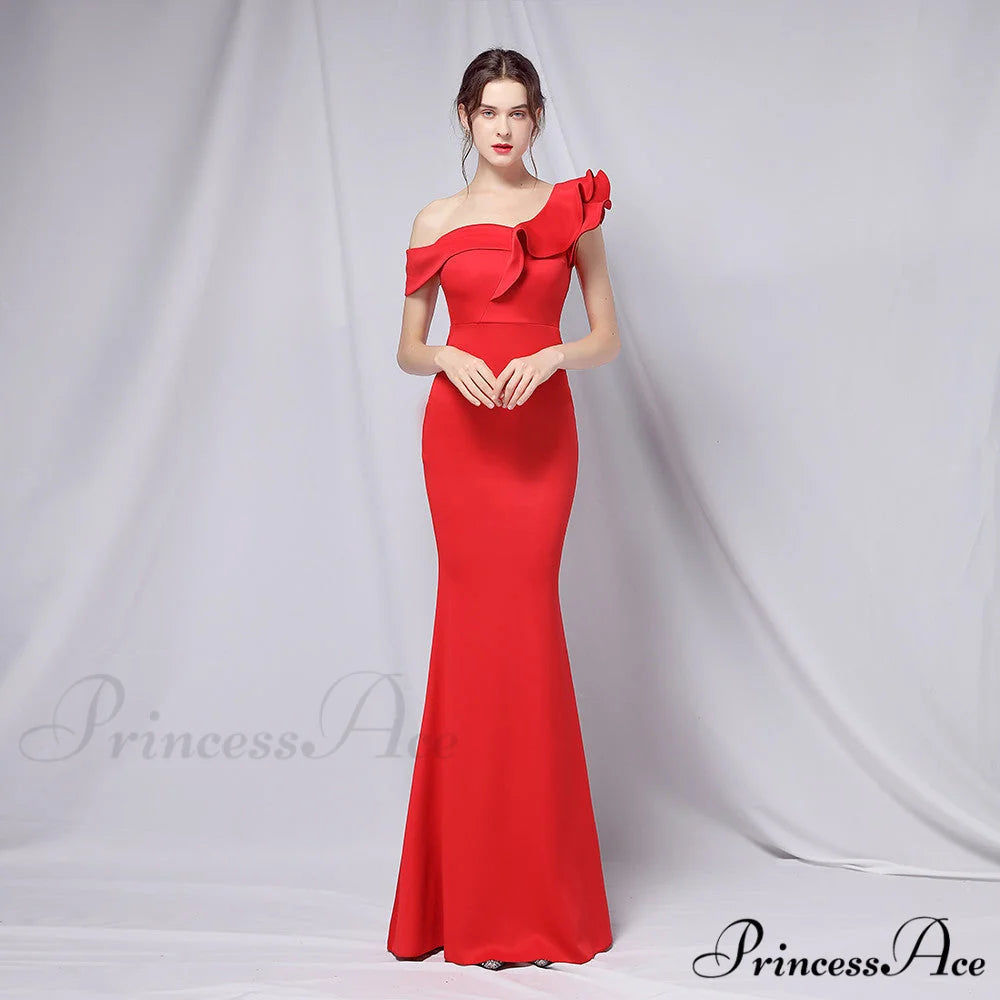 Delana Elegant Formal Charming One Shoulder Dress RED / XS