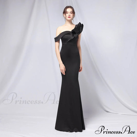 Delana Formal One Charming Shoulder Satin Dress BLACK / S