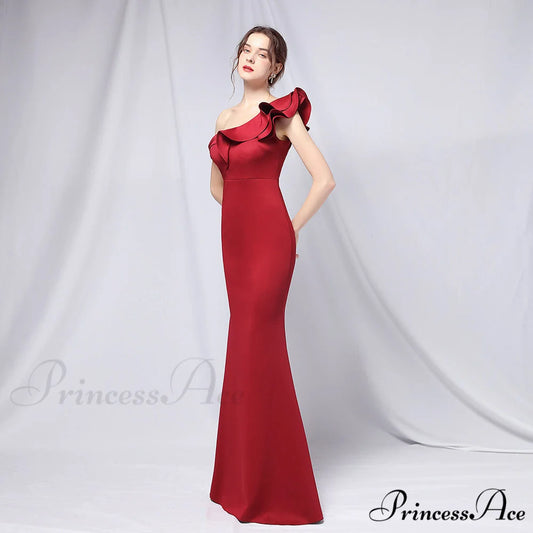 Delana Formal One Charming Shoulder Satin Dress BURGUNDY / S