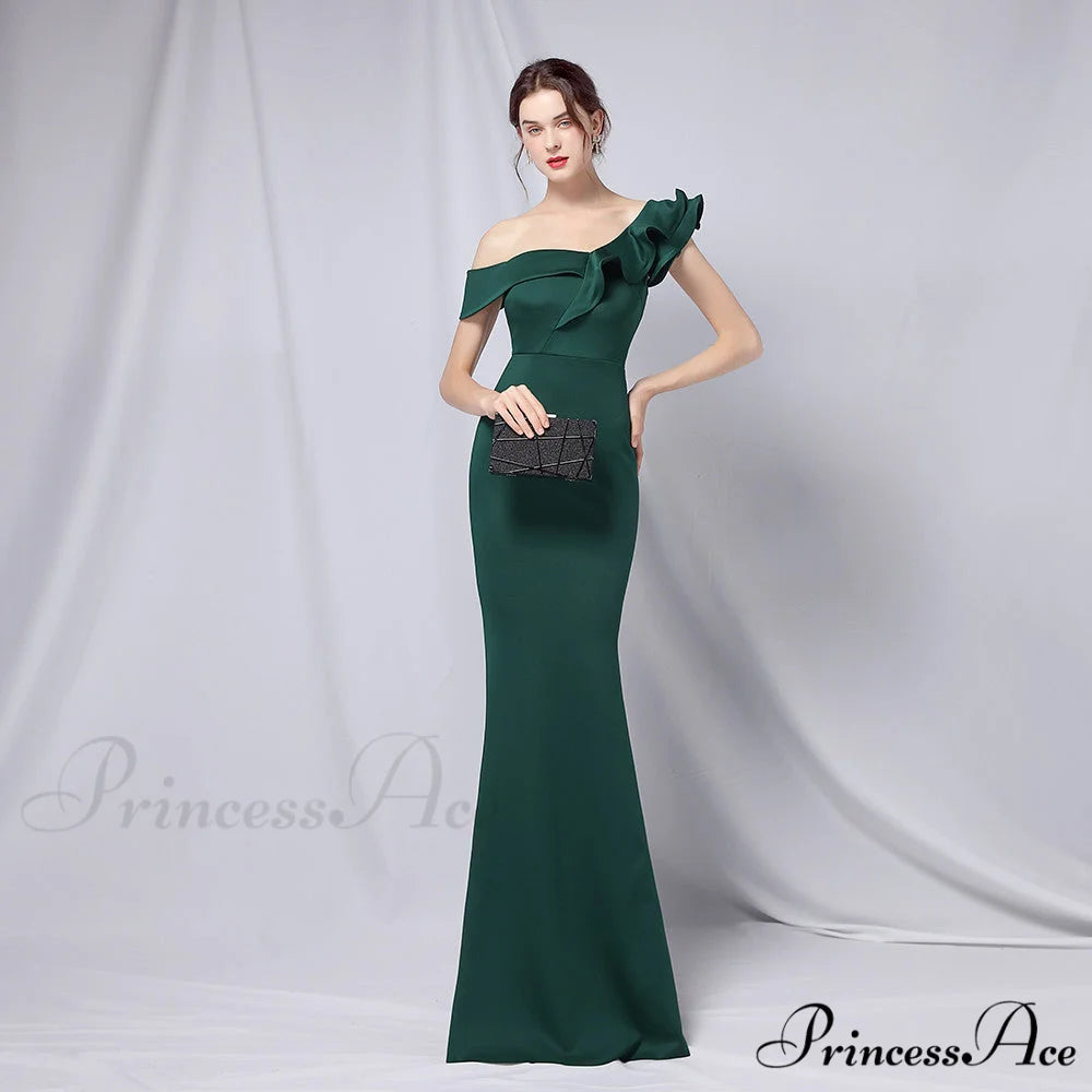 Delana Formal One Charming Shoulder Satin Dress HUNTER / S