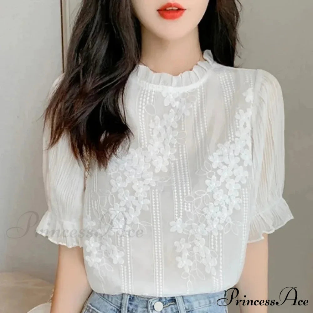 Delicate Chiffon Short Sleeve Embroidered Blouse blouse-250126
