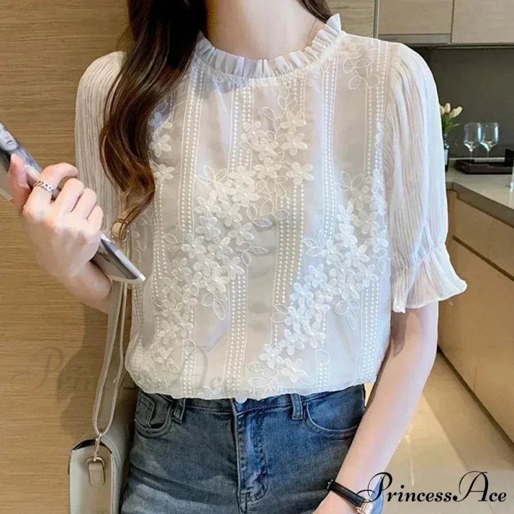 Delicate Chiffon Short Sleeve Embroidered Blouse blouse-250126