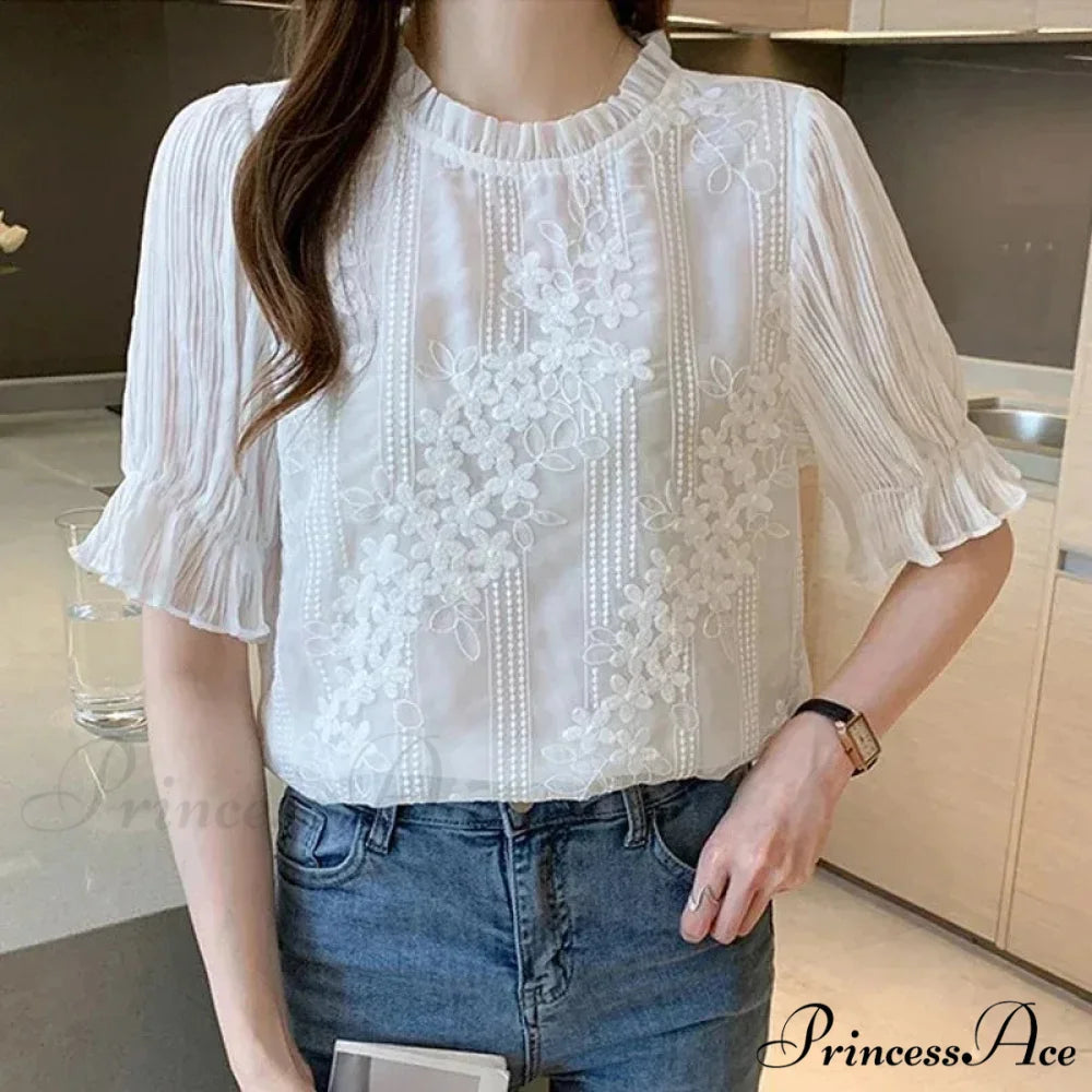 Delicate Chiffon Short Sleeve Embroidered Blouse blouse-250126