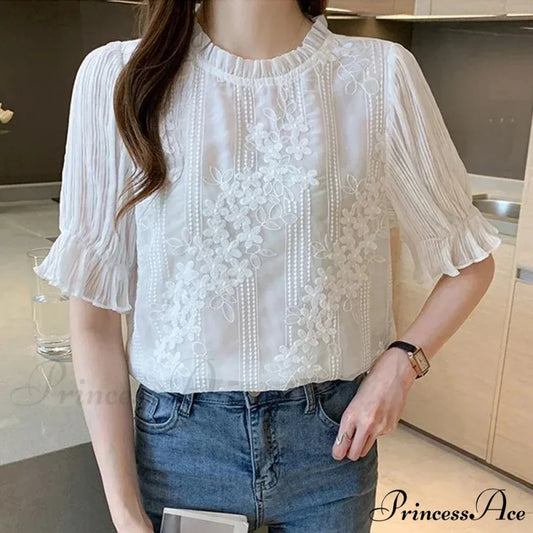 Delicate Chiffon Short Sleeve Embroidered Blouse blouse-250126