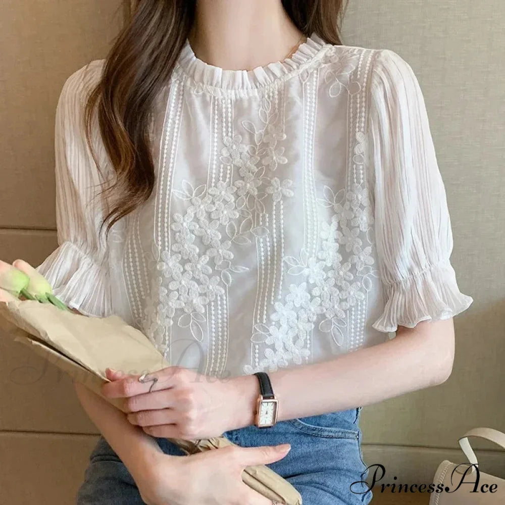 Delicate Chiffon Short Sleeve Embroidered Blouse blouse-250126