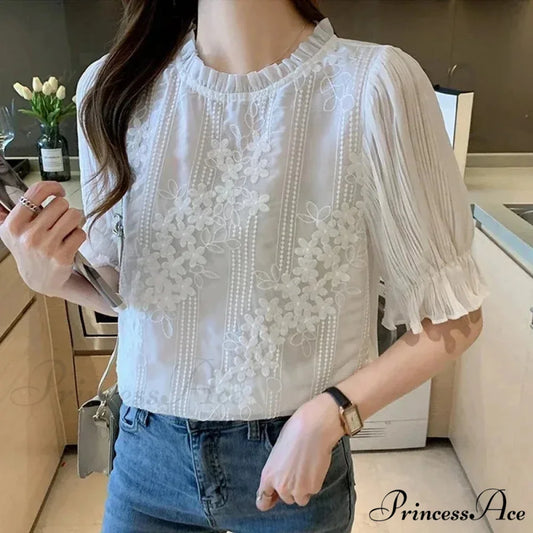 Delicate Chiffon Short Sleeve Embroidered Blouse WHITE / S blouse-250126