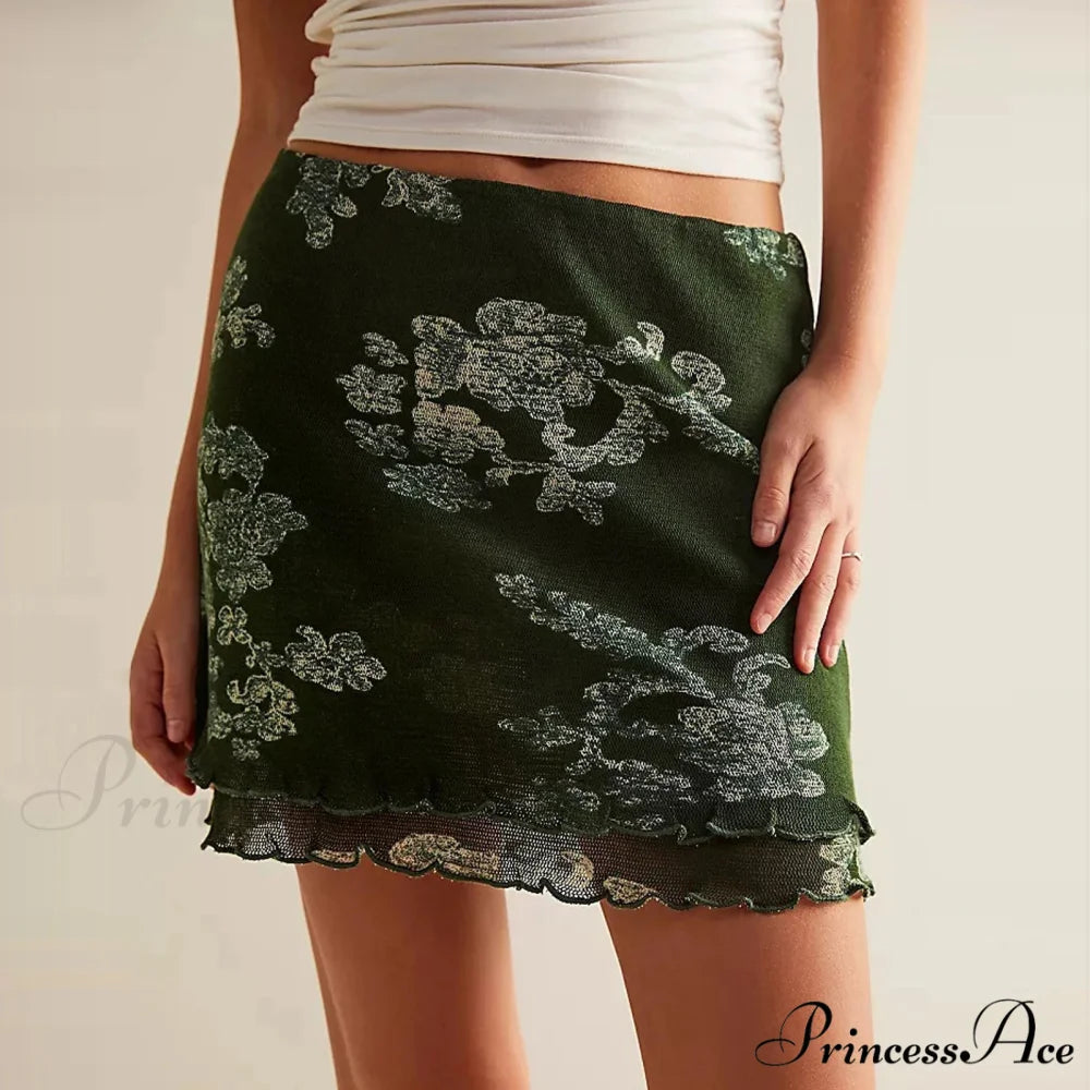 Delicate Net Floral Pattern Skirt green / S skirts-250223