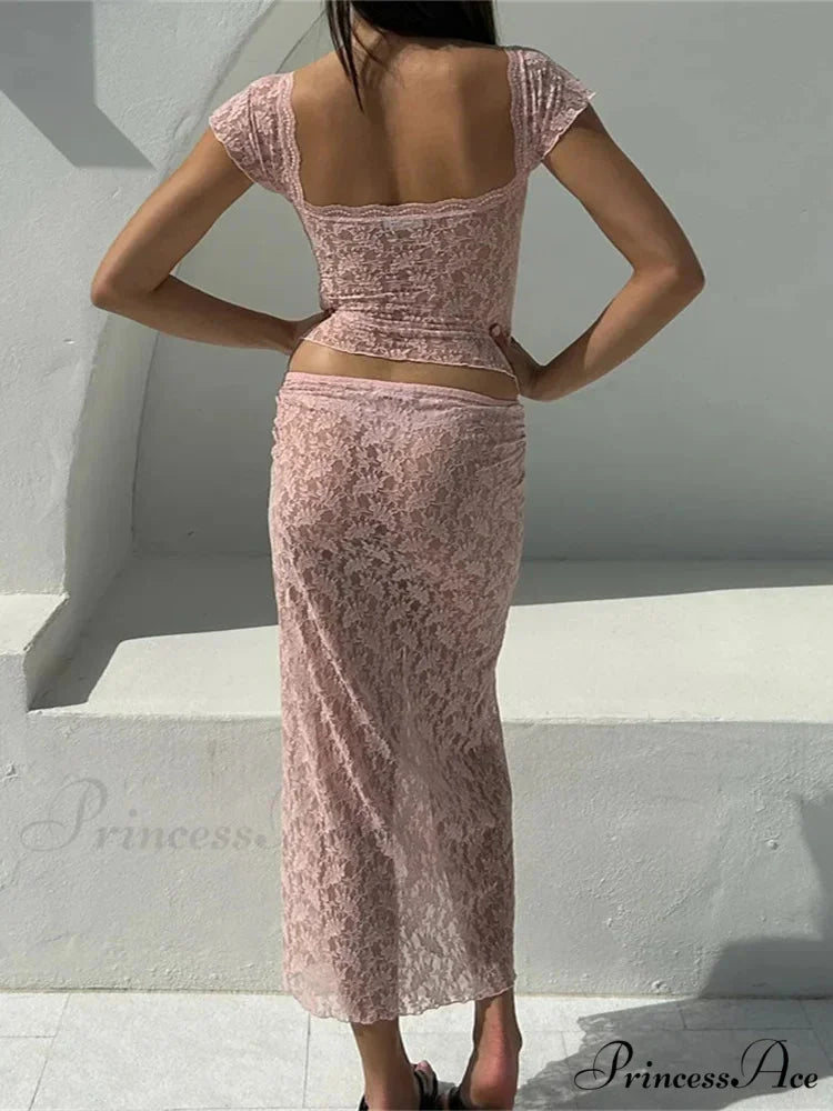 Delicate Short Sleeve V-neck T-shirt and Long Skirt Set skirt-250126