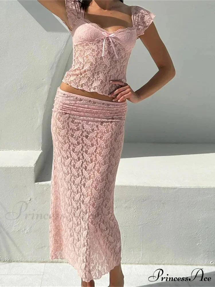 Delicate Short Sleeve V-neck T-shirt and Long Skirt Set PINK / S skirt-250126