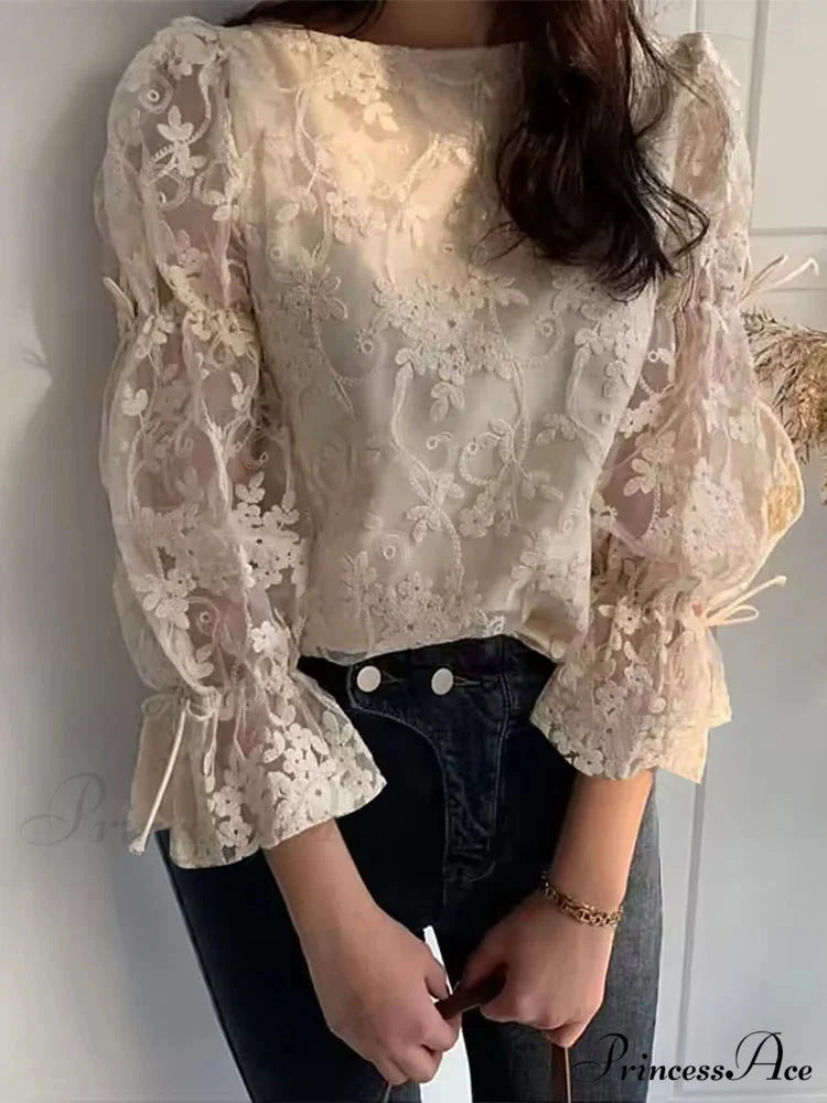 Delicate Stitching Puff Sleeve Top Festive Top Beige / S blouse-250126