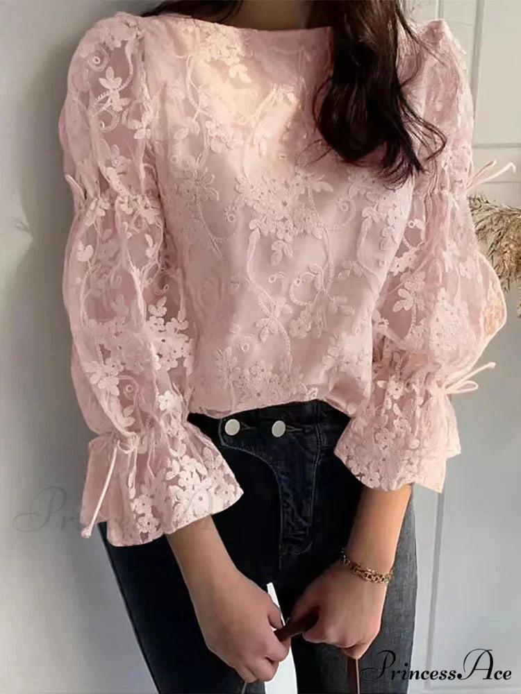 Delicate Stitching Puff Sleeve Top Festive Top Pink / S blouse-250126