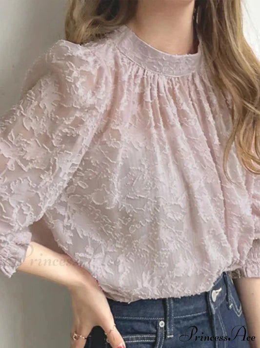 Delicate Texture Extended Sleeve Ruching Top Spring Top Pink / S blouse-250126