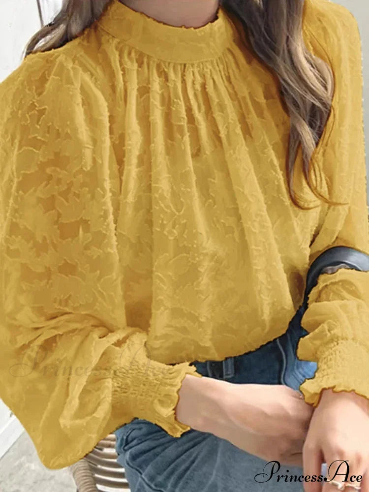 Delicate Texture Extended Sleeve Ruching Top Spring Top Yellow / S blouse-250126