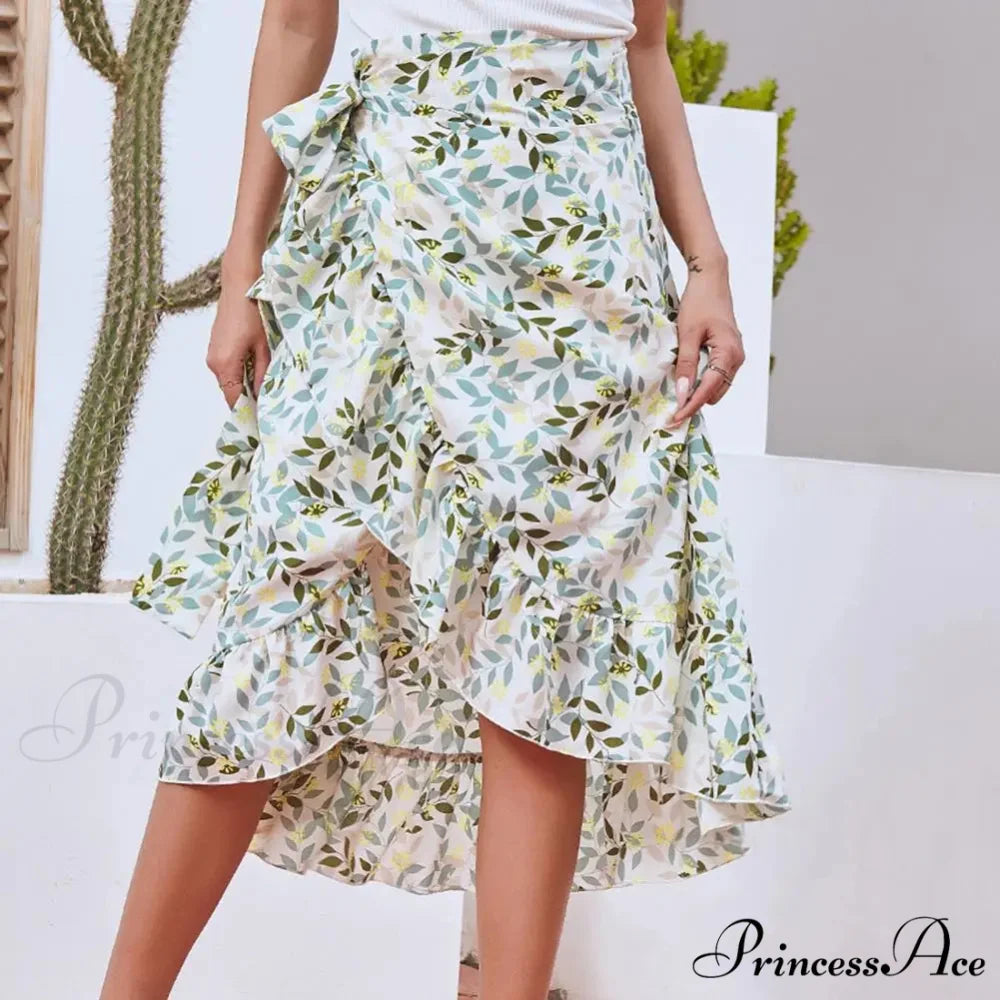 Delightful Airy Flounce Hemline Slit Design Long Skirt Flower Color / S skirt-250126