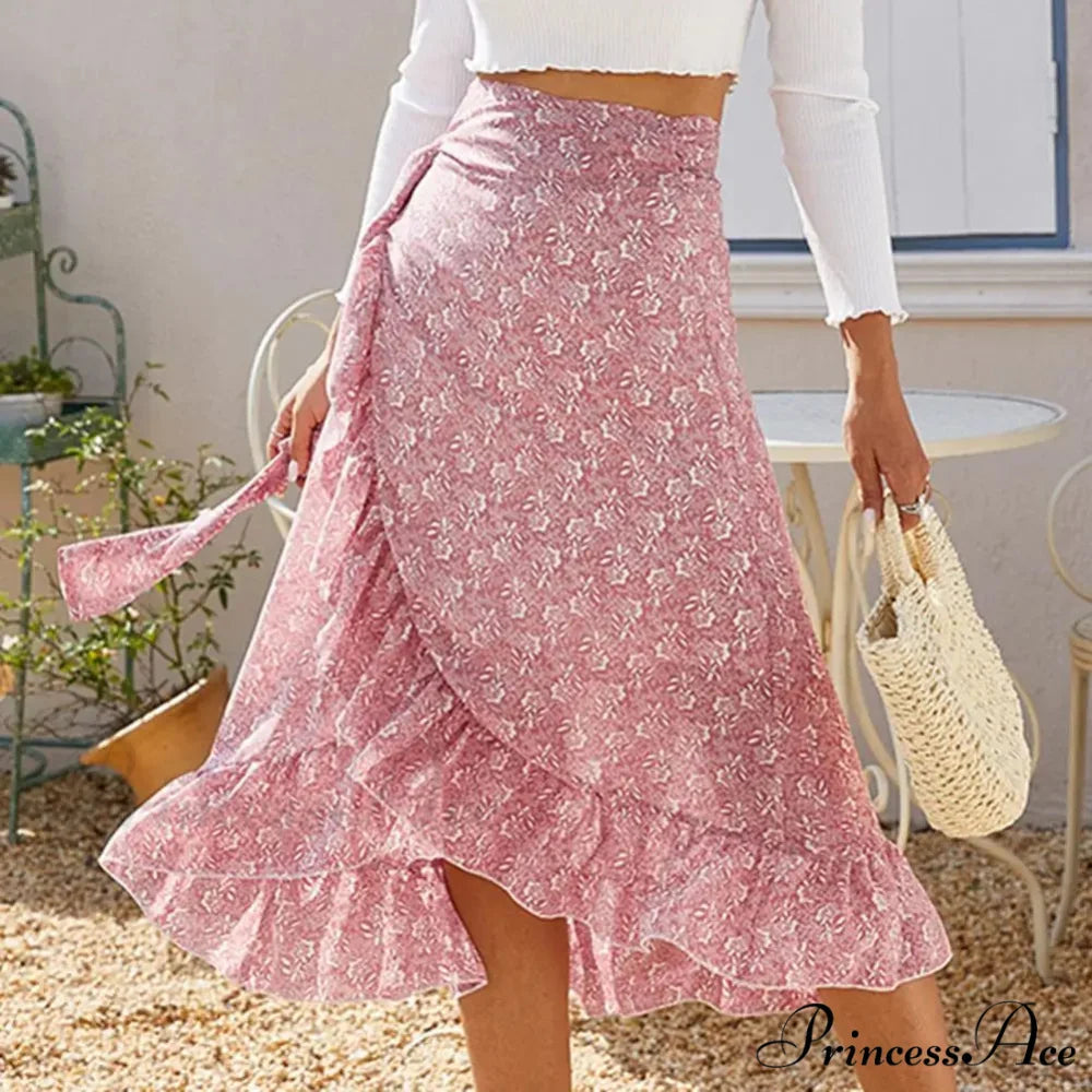 Delightful Airy Flounce Hemline Slit Design Long Skirt Pink / S skirt-250126