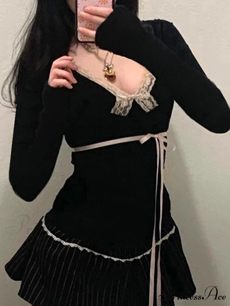 Delightful Bandage Slender Deep V-Neck Lace Trim Knit Top knittop-250126