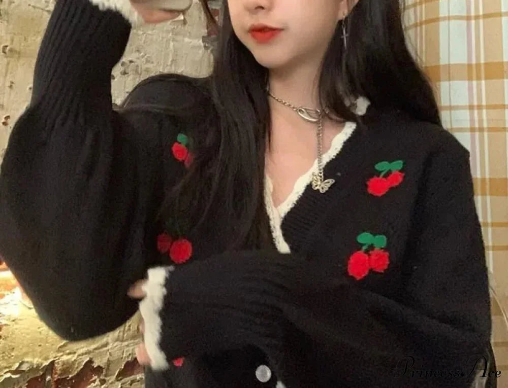 Delightful Cherry Button-Up Patchwork Knit Cardigan cardiagn-250126