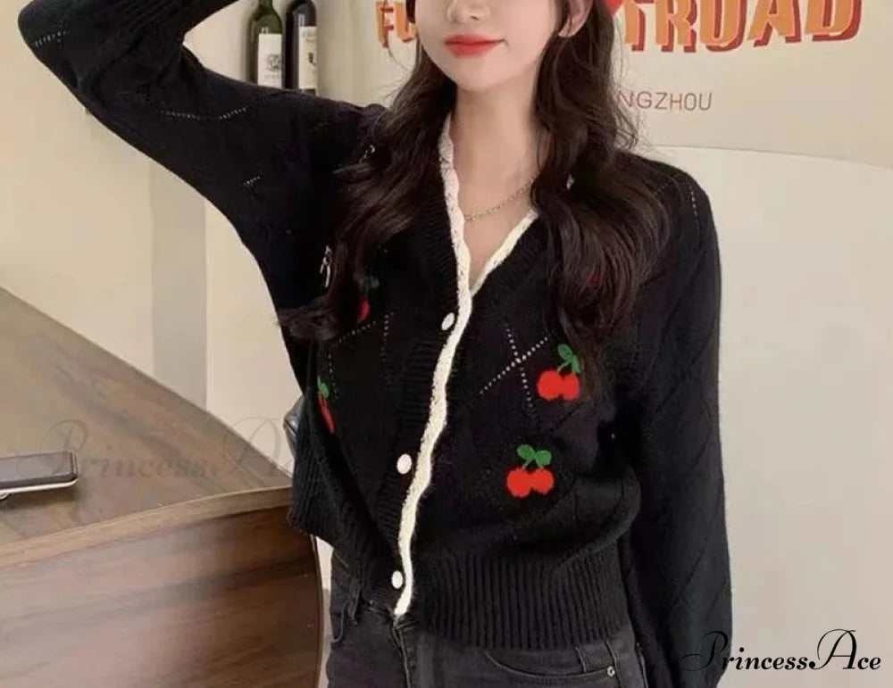 Delightful Cherry Button-Up Patchwork Knit Cardigan cardiagn-250126