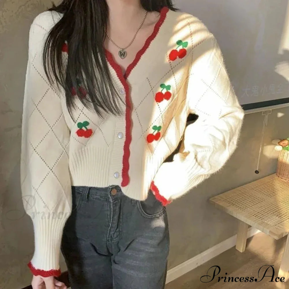 Delightful Cherry Button-Up Patchwork Knit Cardigan WHITE / One Size cardiagn-250126