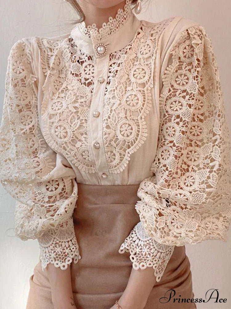Delightful Hollow Lace Patchwork Button Ivory Blouse APRICOT / S blouse-250126