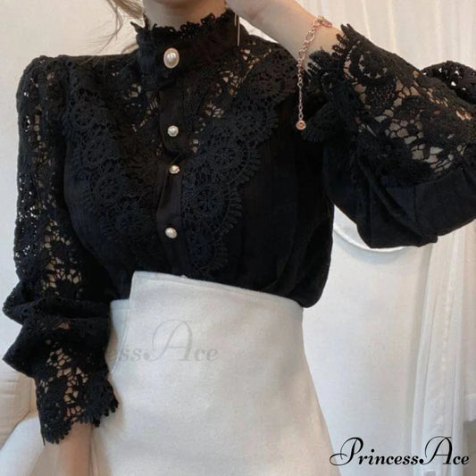 Delightful Hollow Lace Patchwork Button Ivory Blouse Black / S blouse-250126