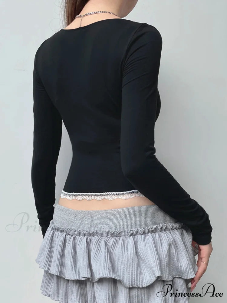 Delightful Lace Trim Cropped Square Collar Long Sleeve Knit Top knittop-250126
