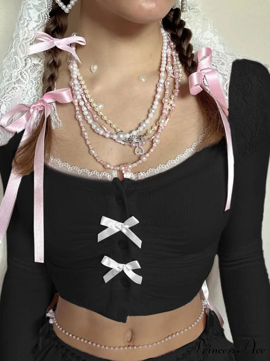 Delightful Thin Ribbon Lace Trimmed Cropped Square Neck Knit Top Black / S knittop-250126