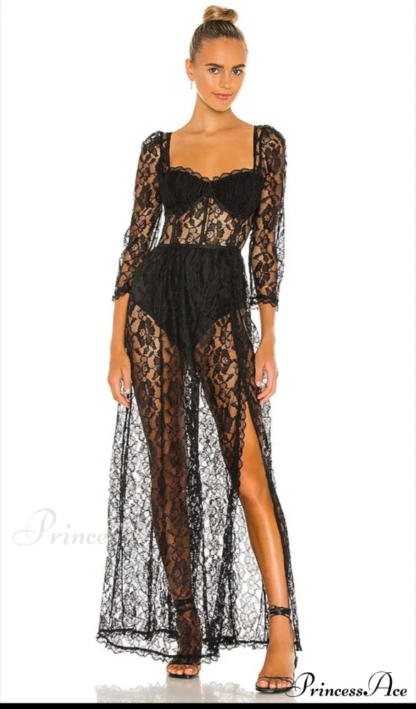 Delilah Sexy Lace Charming Split Maxi Dress Black / L
