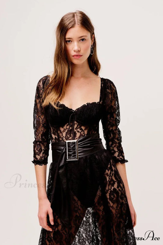 Delilah Sexy Lace Charming Split Maxi Dress Black / S