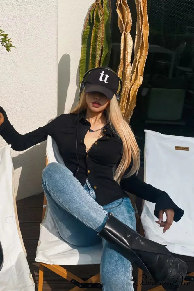 Denim Blouse with Bell Sleeves and Lapel Black / M